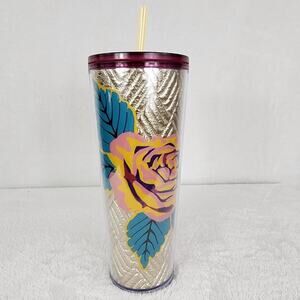 NWT Starbucks 2020 Rose Cold Cup with Gold Foil Quilt. Venti- 24 oz. with straw